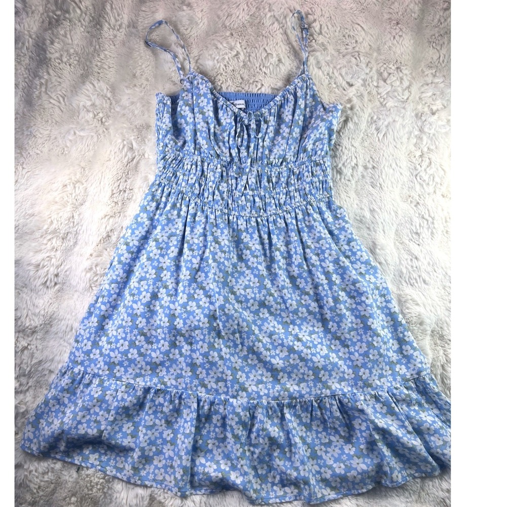 Hollister Blue White Floral Smocked Mini Dress Medium Adjustable Straps  A24